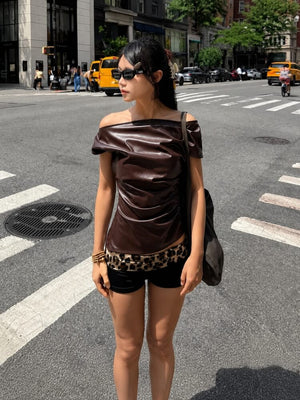 Y2K Faux Leather Top with fitted cut, Y2K tube top styled with low rise bottoms