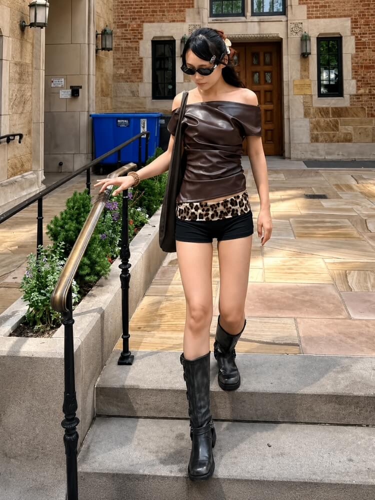 Y2K Faux Leather Top with fitted cut, Y2K tube top styled with low rise bottoms
