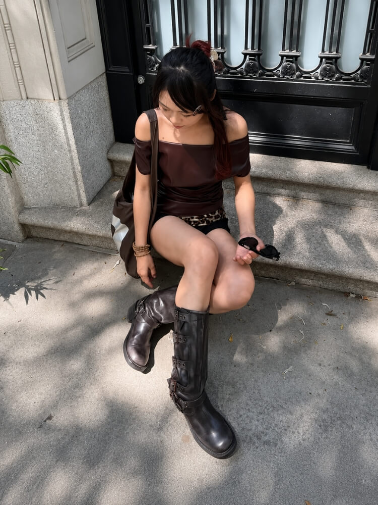 Y2K Faux Leather Top with fitted cut, Y2K tube top styled with low rise bottoms