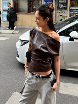 Y2K Faux Leather Top with fitted cut, Y2K tube top styled with low rise bottoms