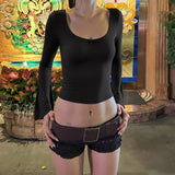 Y2K Fitted Flare Sleeve Top with ribbed knit, Y2K long sleeve top styled with low rise bottoms