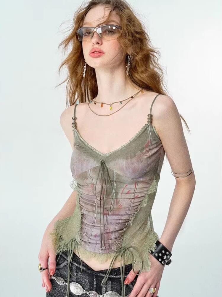 Y2K Floral Cami Top with lace trim, Y2K tube top styled with low rise bottoms