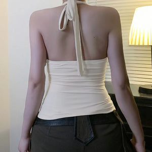 Y2K Floral Halter Top with lace trim, Y2K halter top styled with low rise bottoms
