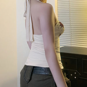 Y2K Floral Halter Top with lace trim, Y2K halter top styled with low rise bottoms