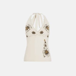 Y2K Floral Halter Top with lace trim, Y2K halter top styled with low rise bottoms
