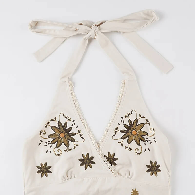 Y2K Floral Halter Top with lace trim, Y2K halter top styled with low rise bottoms