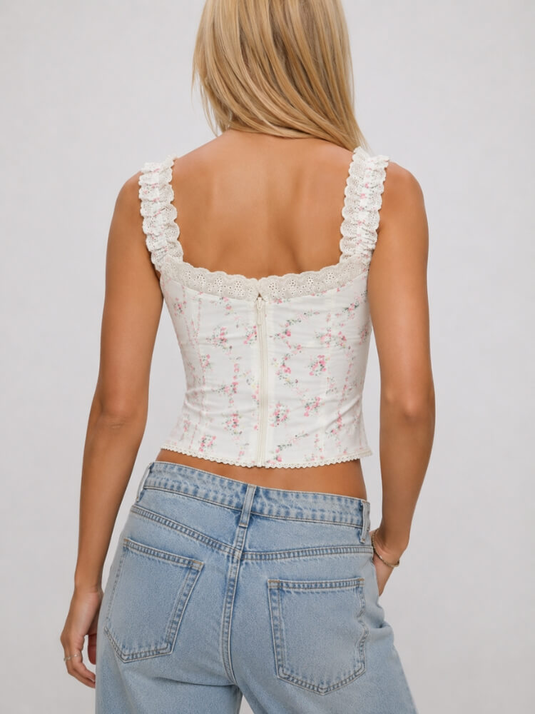 Y2K Floral Lace Trim Cami Top with lace trim, Y2K tube top styled with low rise bottoms