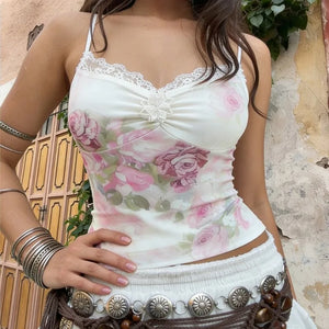 Y2K Floral Lace Trim Mesh Top with lace trim, Y2K tube top styled with low rise bottoms