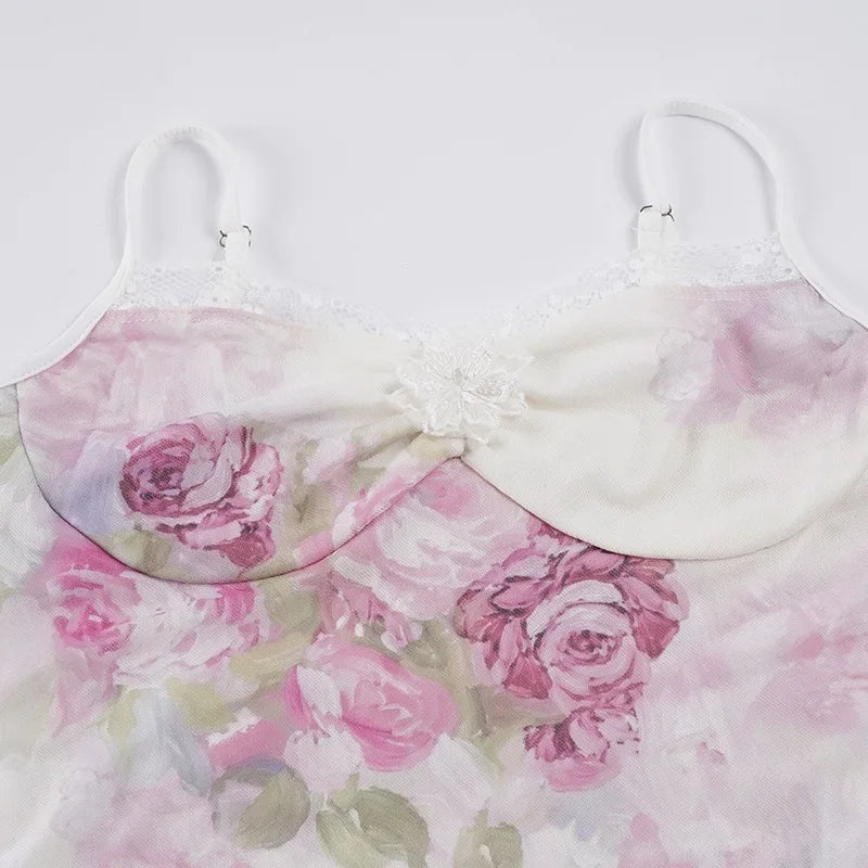 Y2K Floral Lace Trim Mesh Top with lace trim, Y2K tube top styled with low rise bottoms