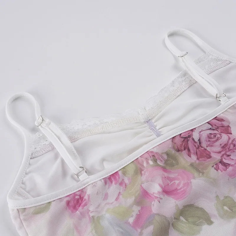 Y2K Floral Lace Trim Mesh Top with lace trim, Y2K tube top styled with low rise bottoms