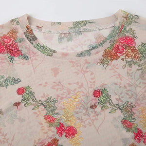 Y2K Floral Mesh Baby Tee with sheer mesh, Y2K baby tee styled with low rise bottoms