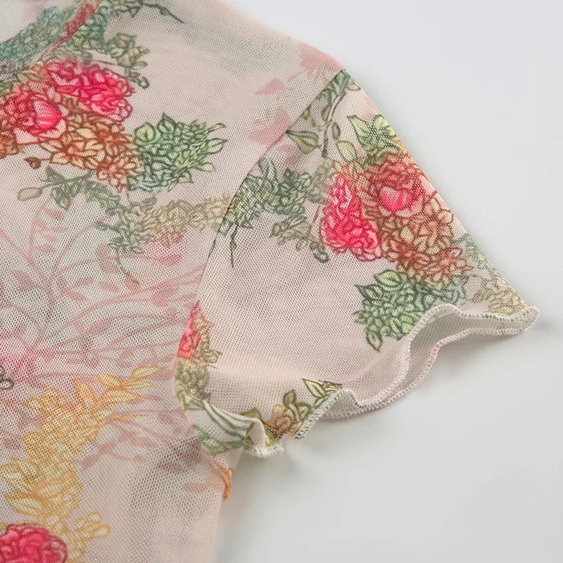 Y2K Floral Mesh Baby Tee with sheer mesh, Y2K baby tee styled with low rise bottoms
