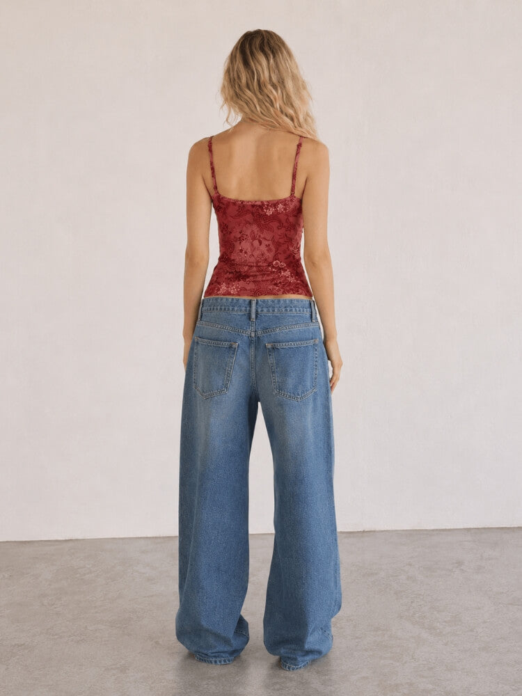 Y2K Floral Sheer Cami Crop Top with cropped cut, Y2K tank top styled with low rise bottoms