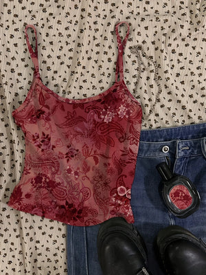 Y2K Floral Sheer Cami Crop Top with cropped cut, Y2K tank top styled with low rise bottoms