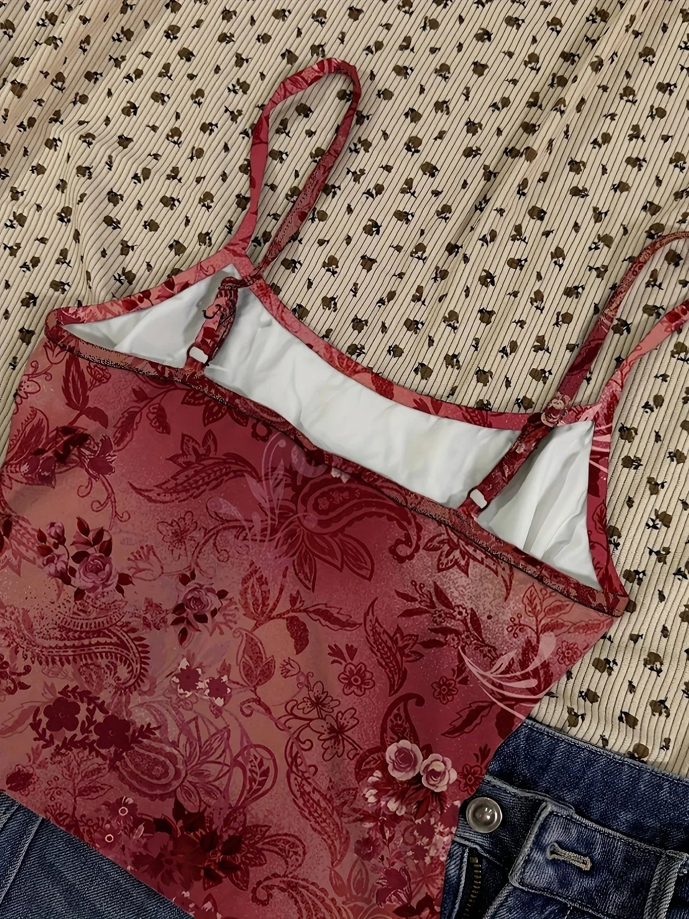 Y2K Floral Sheer Cami Crop Top with cropped cut, Y2K tank top styled with low rise bottoms