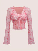 Y2K Floral Tie Front Bow Top with sheer mesh, Y2K long sleeve top styled with low rise bottoms
