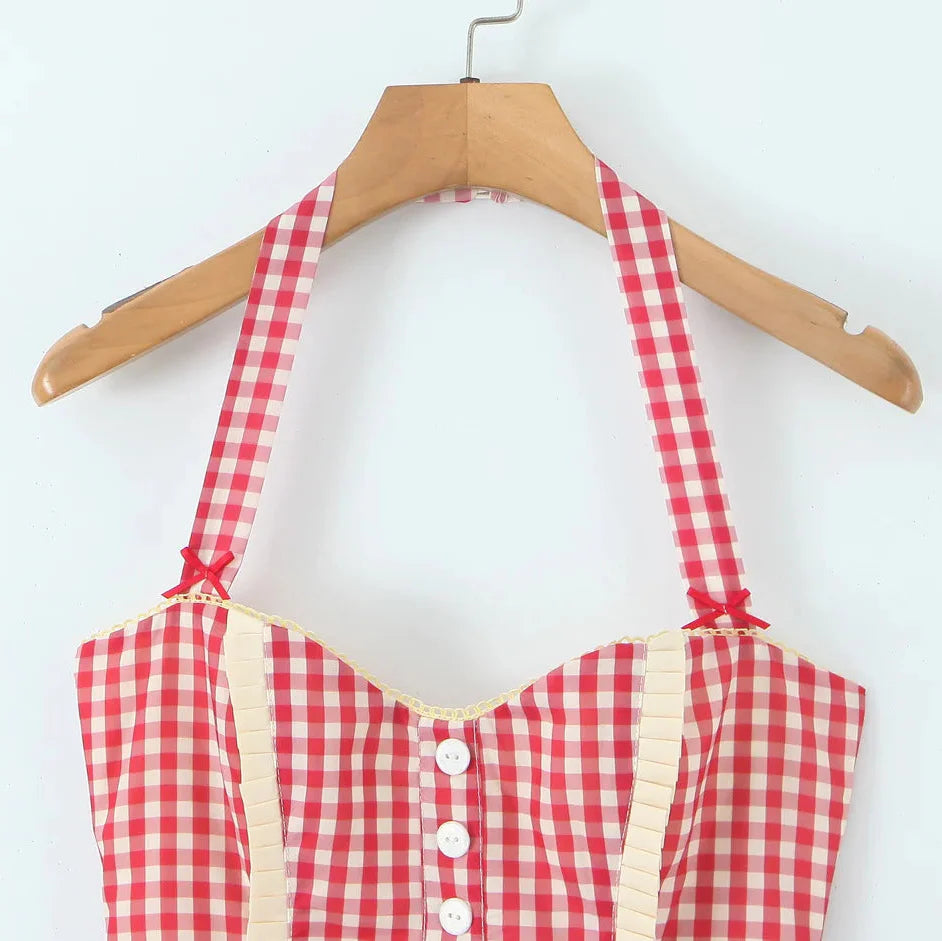 Y2K Gingham Halter Mini Dress view 5 | MAUVSTUDIO®