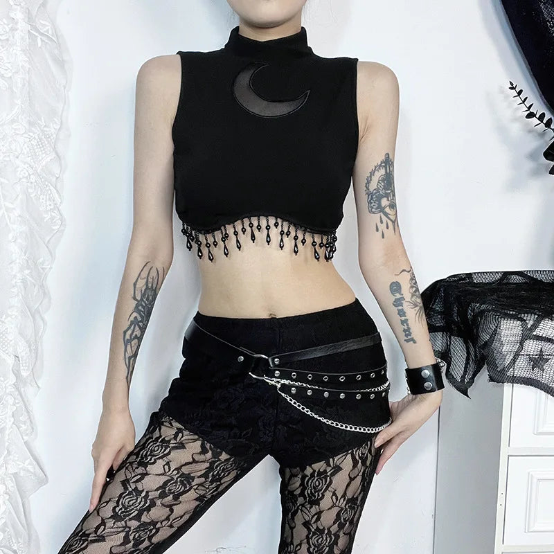 Y2K Goth Beaded Crop Top, Y2K tube top styled with low rise bottoms
