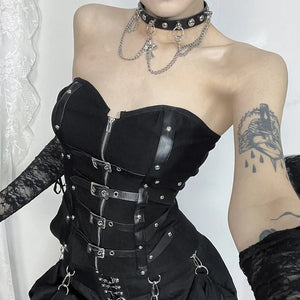 Y2K Goth Buckle Zip Up Top, Y2K tube top styled with low rise bottoms