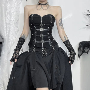Y2K Goth Buckle Zip Up Top, Y2K tube top styled with low rise bottoms
