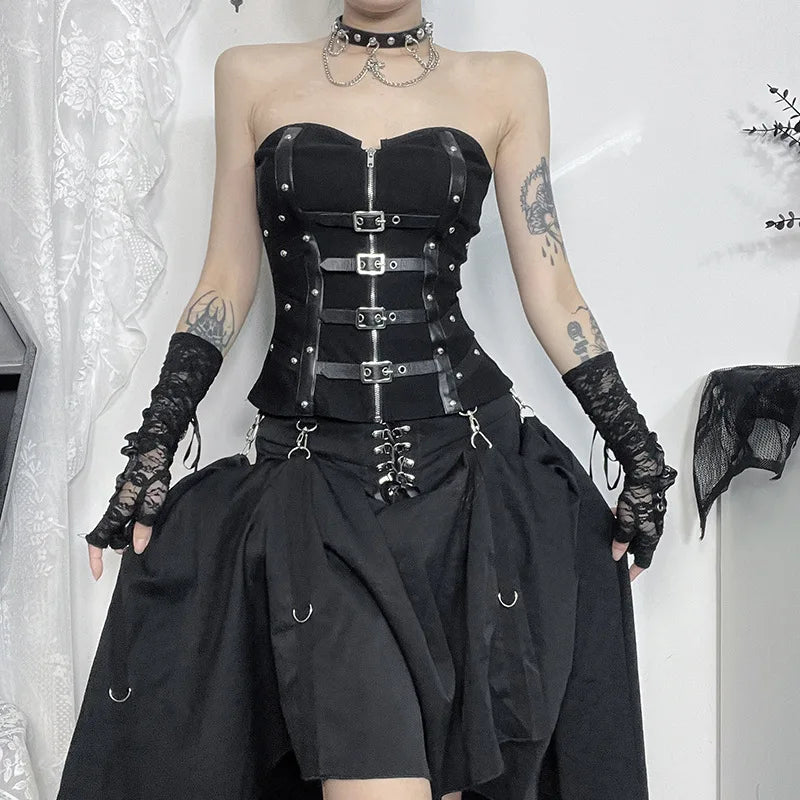 Y2K Goth Buckle Zip Up Top, Y2K tube top styled with low rise bottoms