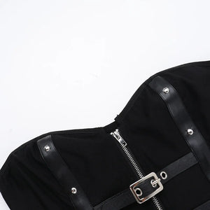 Y2K Goth Buckle Zip Up Top, Y2K tube top styled with low rise bottoms