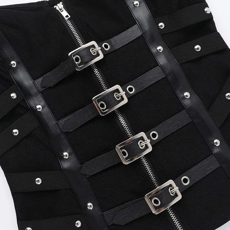Y2K Goth Buckle Zip Up Top, Y2K tube top styled with low rise bottoms