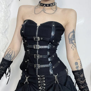 Y2K Goth Buckle Zip Up Top, Y2K tube top styled with low rise bottoms