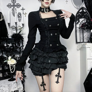 Y2K Goth Button Top with lace trim, Y2K long sleeve top styled with low rise bottoms