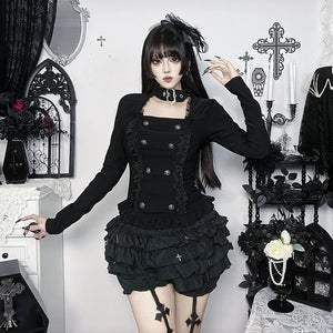 Y2K Goth Button Top with lace trim, Y2K long sleeve top styled with low rise bottoms