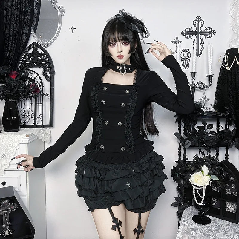 Y2K Goth Button Top with lace trim, Y2K long sleeve top styled with low rise bottoms