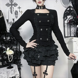 Y2K Goth Button Top with lace trim, Y2K long sleeve top styled with low rise bottoms