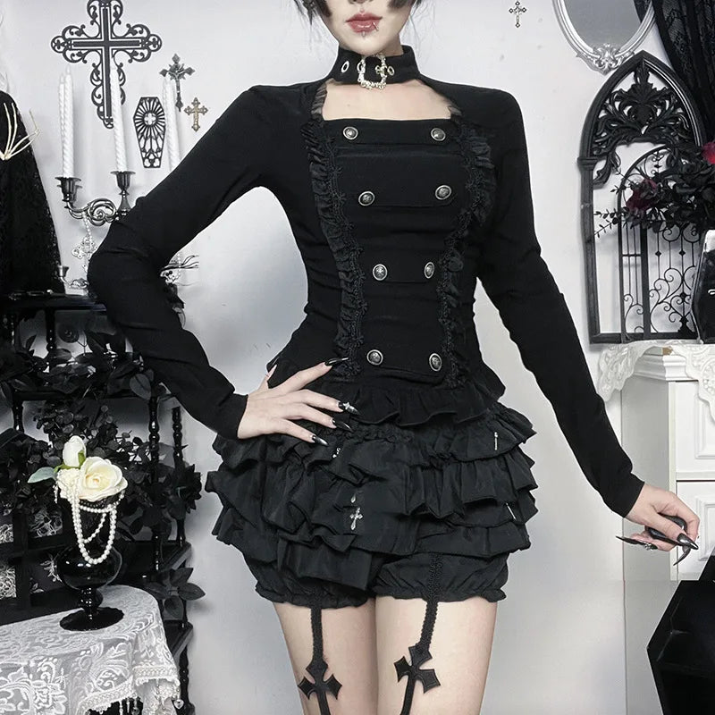 Y2K Goth Button Top with lace trim, Y2K long sleeve top styled with low rise bottoms
