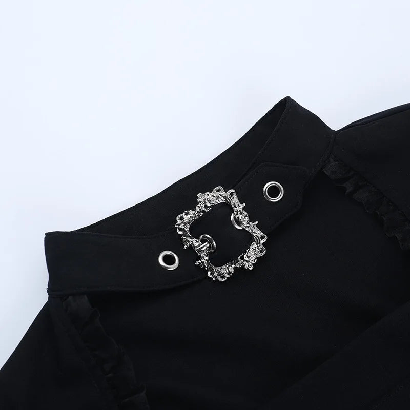 Y2K Goth Button Top with lace trim, Y2K long sleeve top styled with low rise bottoms