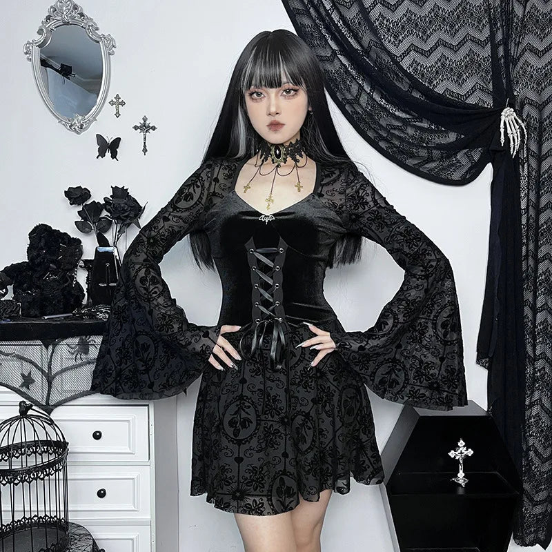 Y2K Goth Corset Lace Mini Dress view 3 | MAUVSTUDIO®