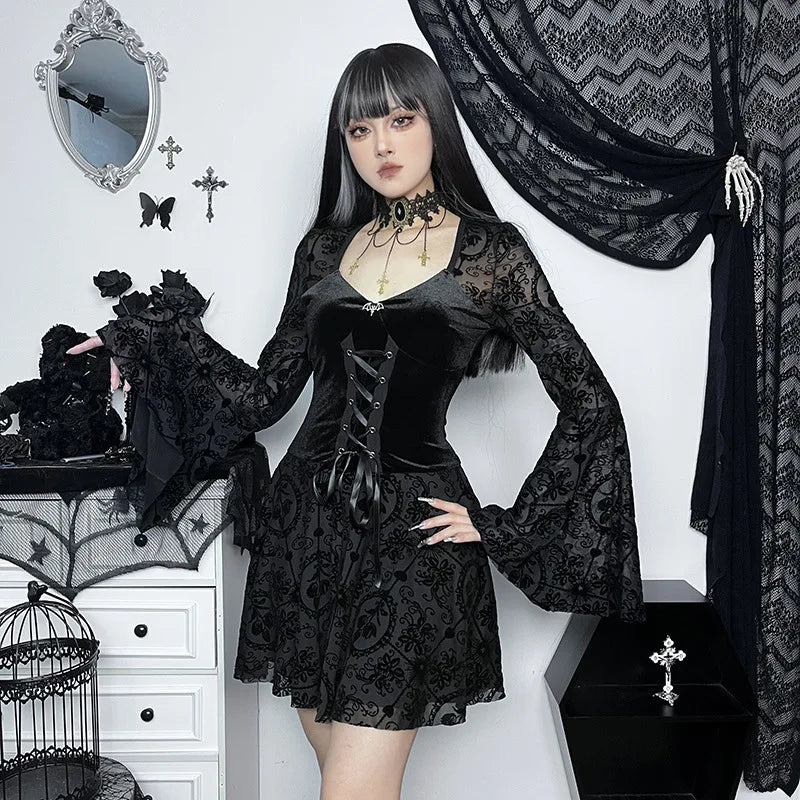 Y2K Goth Corset Lace Mini Dress view 4 | MAUVSTUDIO®