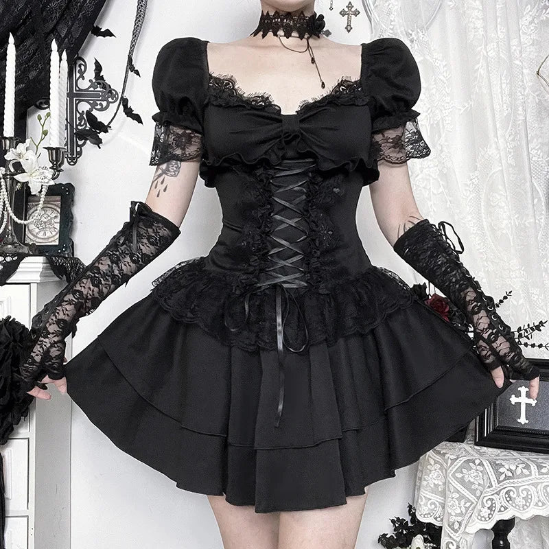 Y2K Goth Corset Layered Mini Dress view 10 | MAUVSTUDIO®