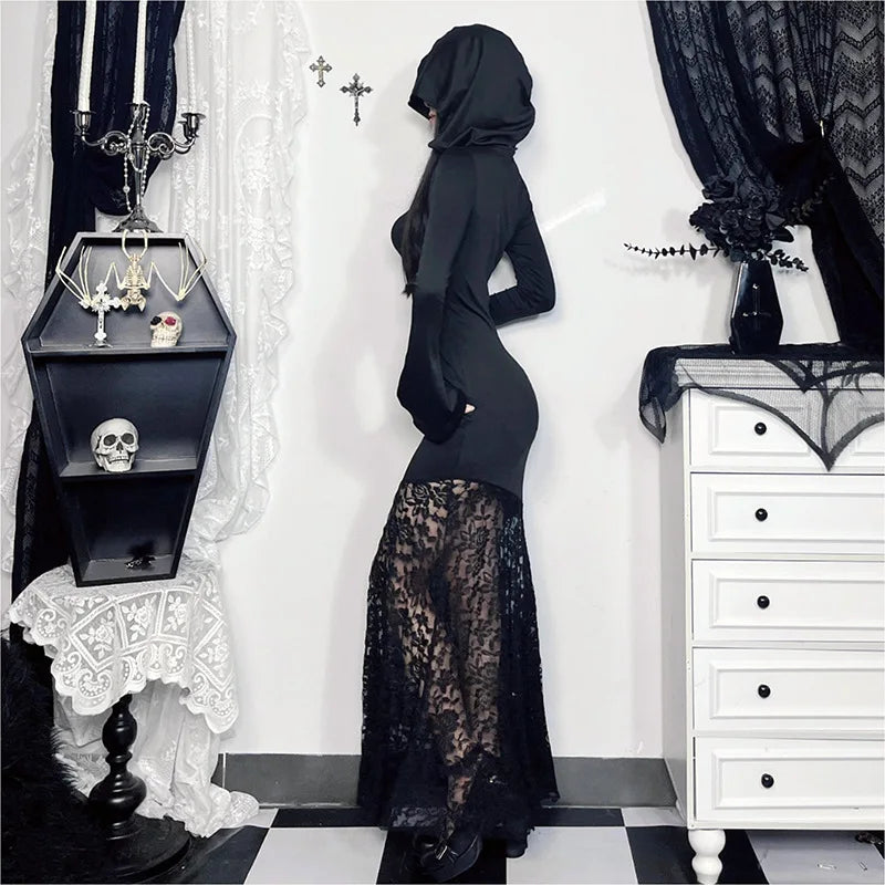 Y2K Goth Cross Hooded Maxi Dress view 3 | MAUVSTUDIO®