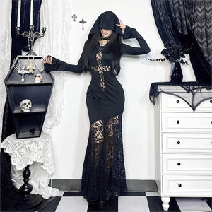 Y2K Goth Cross Hooded Maxi Dress view 4 | MAUVSTUDIO®
