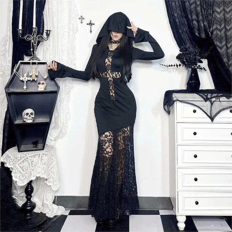 Y2K Goth Cross Hooded Maxi Dress view 4 | MAUVSTUDIO®