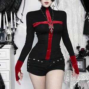 Y2K Goth Cross Top with ribbed knit, Y2K long sleeve top styled with low rise bottoms