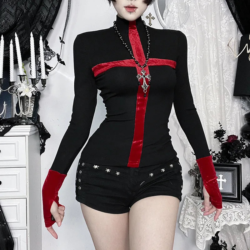 Y2K Goth Cross Top with ribbed knit, Y2K long sleeve top styled with low rise bottoms