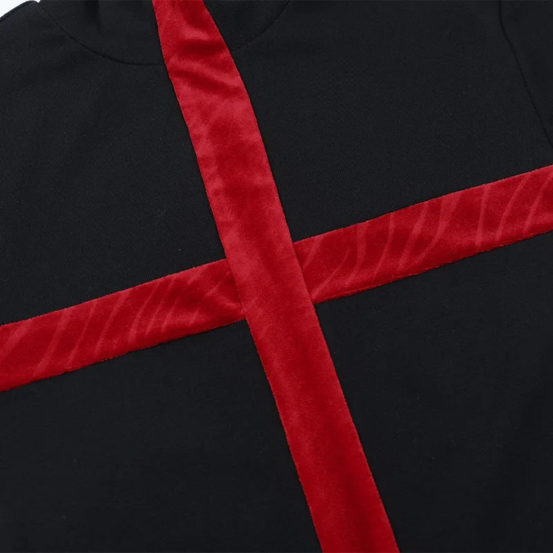 Y2K Goth Cross Top with ribbed knit, Y2K long sleeve top styled with low rise bottoms