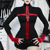 Y2K Goth Cross Top with ribbed knit, Y2K long sleeve top styled with low rise bottoms