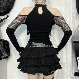 Y2K Goth Fishnet Cut Out Top with ribbed knit, Y2K halter top styled with low rise bottoms