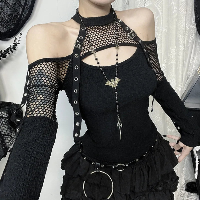 Y2K Goth Fishnet Cut Out Top with ribbed knit, Y2K halter top styled with low rise bottoms
