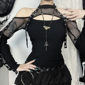 Y2K Goth Fishnet Cut Out Top with ribbed knit, Y2K halter top styled with low rise bottoms