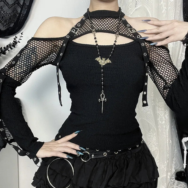 Y2K Goth Fishnet Cut Out Top with ribbed knit, Y2K halter top styled with low rise bottoms