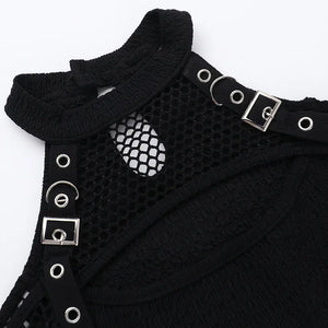 Y2K Goth Fishnet Cut Out Top with ribbed knit, Y2K halter top styled with low rise bottoms