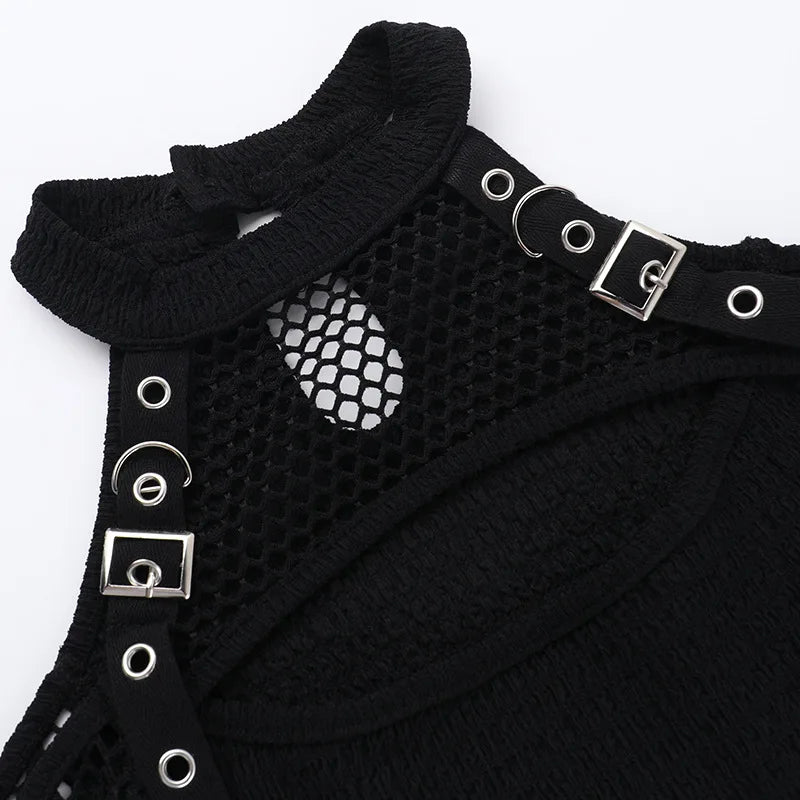 Y2K Goth Fishnet Cut Out Top with ribbed knit, Y2K halter top styled with low rise bottoms